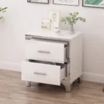 Goldoma high gloss white mirrored nightstand with two drawers in a modern bedroom setting