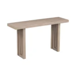 Modern oak veneer console table with distinctive side shapes in entryway