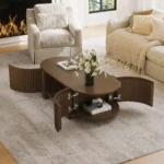 Goldoma oval fluted coffee table with storage in rubber solid wood, featuring a lower shelf and open storage doors, perfect for modern living rooms