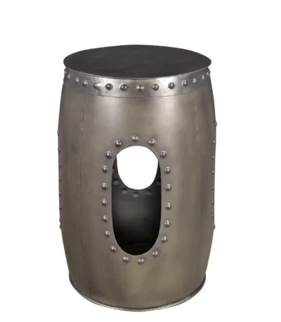 Goldoma nickel iron round end table with rivet detailing and convenient cutout for easy carrying