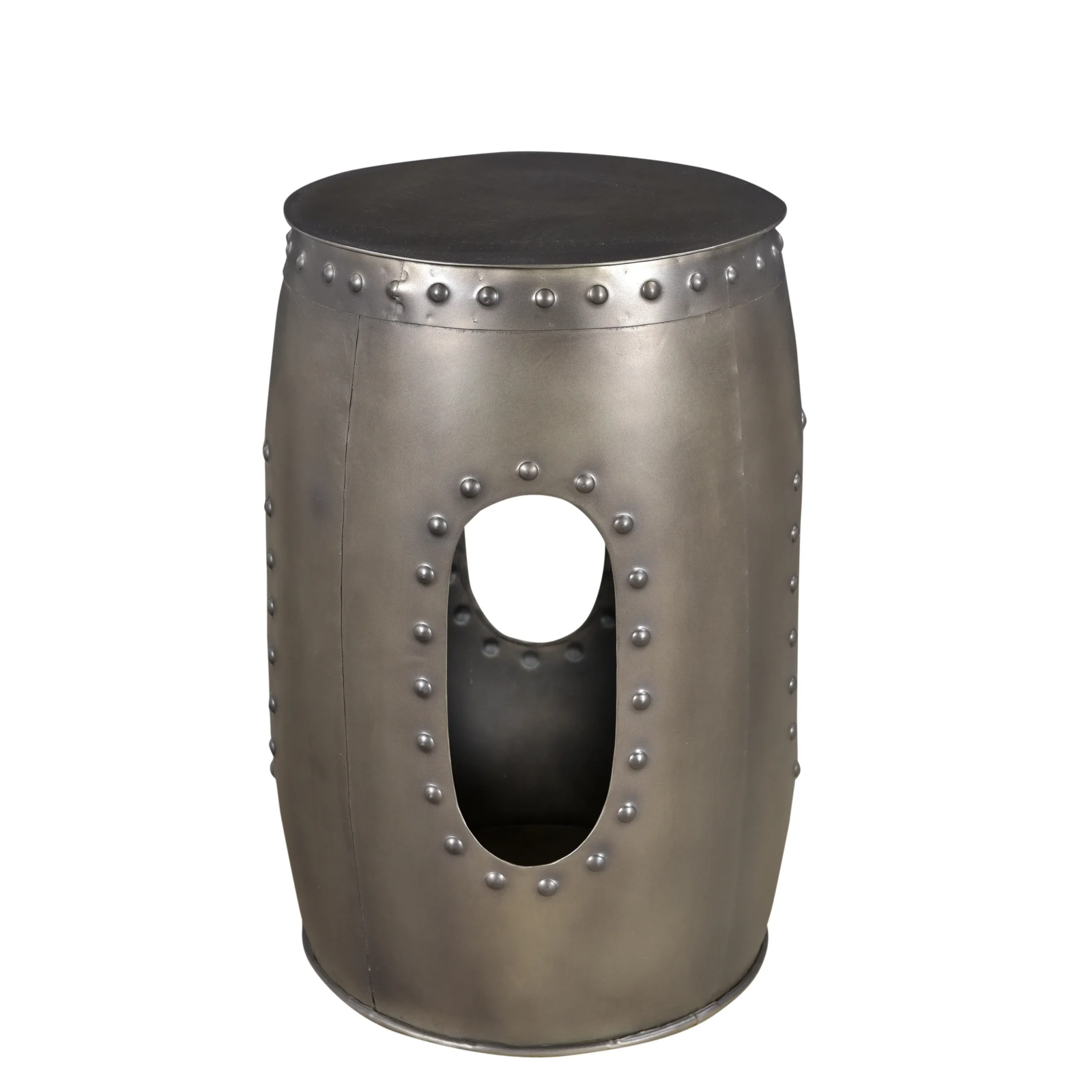 H79b3f318832544009f4cfeddcb7efb02U.webp Goldoma nickel iron round end table with rivet detailing and convenient cutout for easy carrying