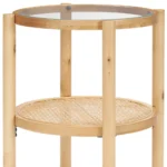 Goldoma 24-inch round side table with clear glass top and light brown solid wood shelf, perfect for living room decor