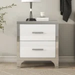 Goldoma high gloss white mirrored nightstand with two drawers in a modern bedroom setting
