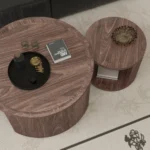 Goldoma round nesting coffee table set of 2 in natural wood and walnut finish, displayed in a modern living room