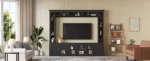 modern entertainment center with black bookshelves and tempered glass doors holding a large TV