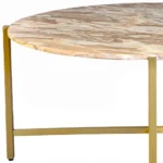 Goldoma 32 inch round genuine marble coffee table with brown marble top and gold metal base in living room setting