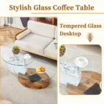 Goldoma double layer coffee table with white marble top and wood grain base in living room setting