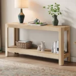 Goldoma modern farmhouse console table in living room with solid oak legs and MDF top, eco-friendly entryway table