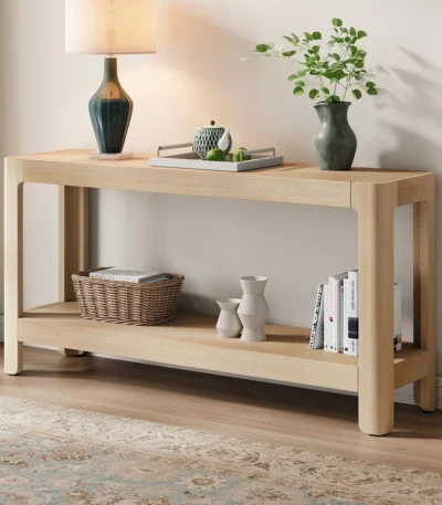 Goldoma modern farmhouse console table in living room with solid oak legs and MDF top, eco-friendly entryway table