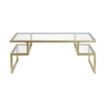 Goldoma 45-inch gold glass and steel coffee table with two shelves in a modern living room