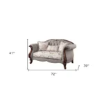 Goldoma genuine leather loveseat in beige and dark brown with tufted backrest and toss pillows