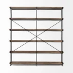 Goldoma industrial 5-tier bookcase 88 inches tall with black iron frame and brown wood shelves, in a living room