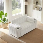 Goldoma white sleeper sofa with storage armrest and USB port in a modern living room