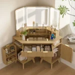 Goldoma corner makeup vanity desk with 3-way adjustable lighted mirror and USB charging station in natural oak finish
