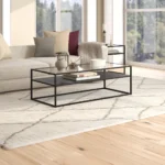 Goldoma 54-inch black glass coffee table with shelf in a modern farmhouse living room setting