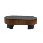 Modern hidden storage coffee table with solid wood veneer in elliptical shape, featuring a removable top for storage access