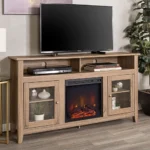 Goldoma 58-inch tall TV stand with fireplace in driftwood finish holding a TV, showcasing rustic design and electric LED flames