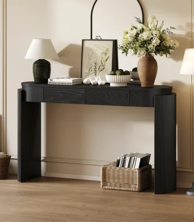 Modern fluted wood console table with natural oak finish and storage in entryway