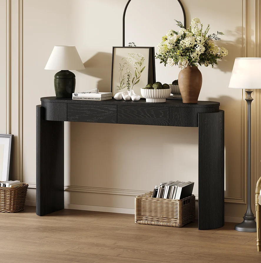 H7bd6b9258d8649e18b9ce72633afa126V.webp Modern fluted wood console table with natural oak finish and storage in entryway
