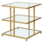 Goldoma brass and glass end table with two shelves, clear glass top, and brass steel base for living room