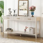 Black farmhouse console table 60 inch with 3 drawers and storage shelf in living room entryway