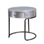 Goldoma 21 inch round end table with drawer - silver aluminum top and wood base side table