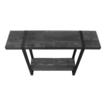 Goldoma 47-inch distressed sled console table in black faux wood and metal with lower shelf