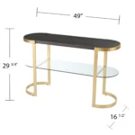 Goldoma 49 inch gray and gold oval console table with solid wood top and storage shelf in a living room