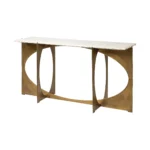 White marble and gold console table with live edge top and geometric metal base