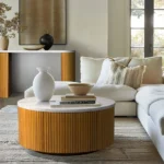 Goldoma white marble round coffee table with storage shelf in modern living room