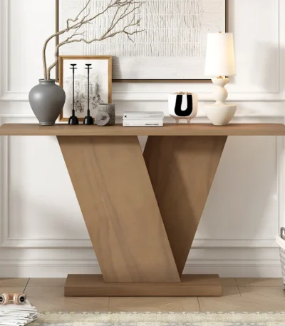 Modern solid wood console table with V-base and storage shelf in a living room