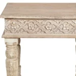 Goldoma 24 inch solid wood end table with natural distressed finish, square top, placed next to a sofa in a living room