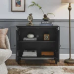 Retro wooden sideboard cabinet with geometric accents and brass handles in a living room setting