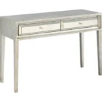 Silver mirrored console table with drawers by Goldoma in antiqued silver finish, 48 inches wide, placed in an entryway