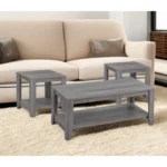 Goldoma 42-inch gray farmhouse coffee table set of three with storage shelves in a living room