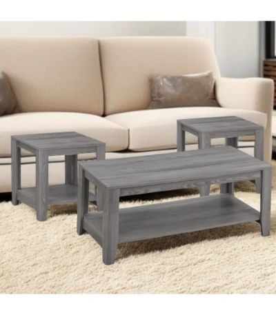 Goldoma 42-inch gray farmhouse coffee table set of three with storage shelves in a living room