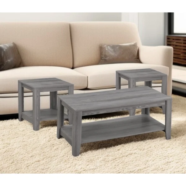Goldoma 42" Gray Farmhouse Coffee Table Set of Three with Storage Shelf