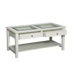 Goldoma 44-inch off-white glass and metal rectangular coffee table in a modern living room
