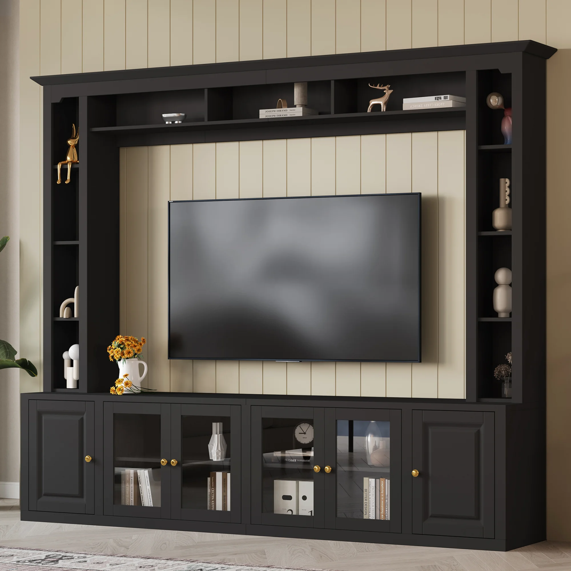 H7dfb1a025e034ae287dc2a72627c90baC.webp modern entertainment center with black bookshelves and tempered glass doors holding a large TV