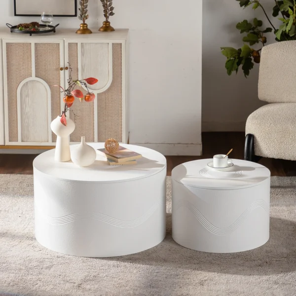 Goldoma nesting coffee table set with hidden storage in white stone finish for small living rooms
