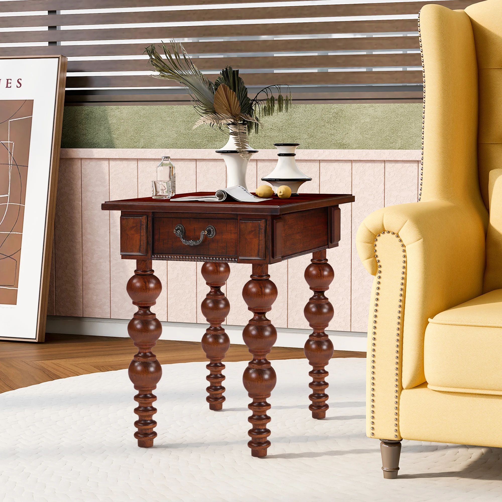 H7eacd33f1b30418f8ca017a020ecc6c78.webp Goldoma narrow sofa side table with drawer in walnut finish, solid wood construction, placed beside a couch in a small living room