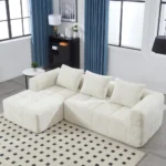 Modern L-shaped sectional sofa with chaise lounge in beige chenille fabric featuring deep seating and side pocket