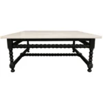 Goldoma 48 inch square genuine marble coffee table with white marble top and black wood base in living room