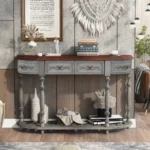 Curved wood console table with adjustable height and four drawers in gray and black finish - Goldoma 52 inch modern entryway table