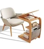 Goldoma C-shaped end table with lockable wheels in natural wood finish, placed under a sofa as a rolling side table