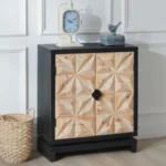 Goldoma 3D geometric carved double-door cabinet in black and natural wood finish, a modern storage sideboard for living room