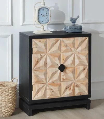 Goldoma 3D geometric carved double-door cabinet in black and natural wood finish, a modern storage sideboard for living room