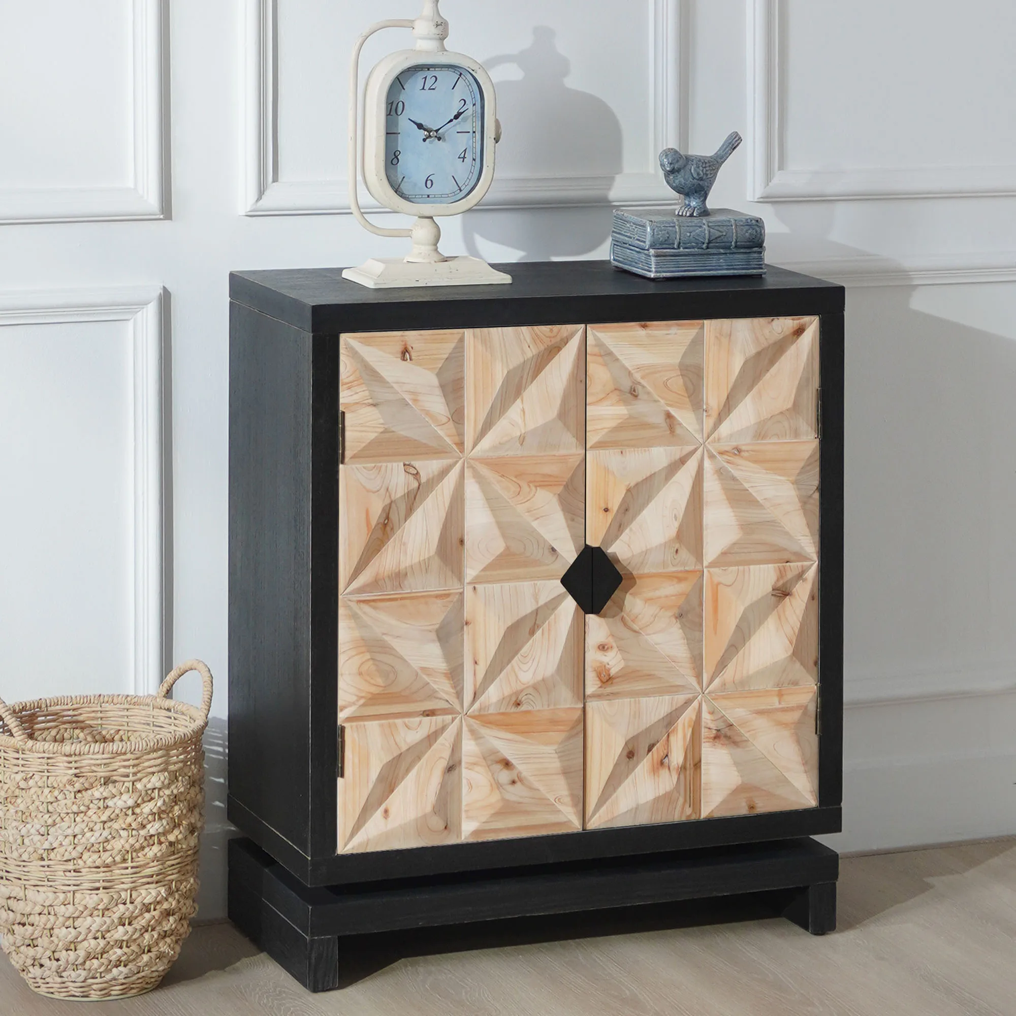 H81140b587d4043eb80d58811970ee698A.webp Goldoma 3D geometric carved double-door cabinet in black and natural wood finish, a modern storage sideboard for living room
