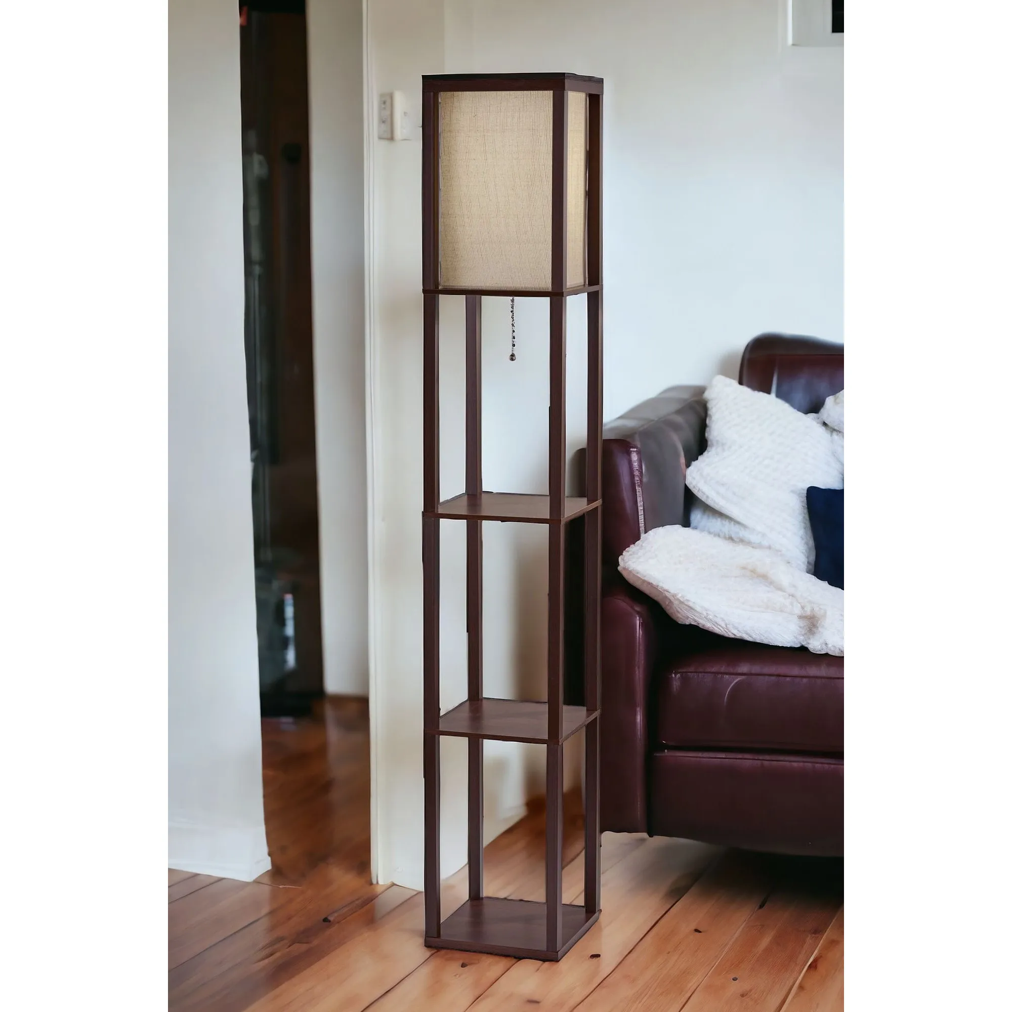 H81185a4d3470489c8bbc95bc91e77778I.webp Goldoma 63-inch solid wood column floor lamp with white fabric shade in a modern living room