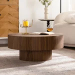 Goldoma round wood coffee table - modern 30.51-inch solid wood table for living room